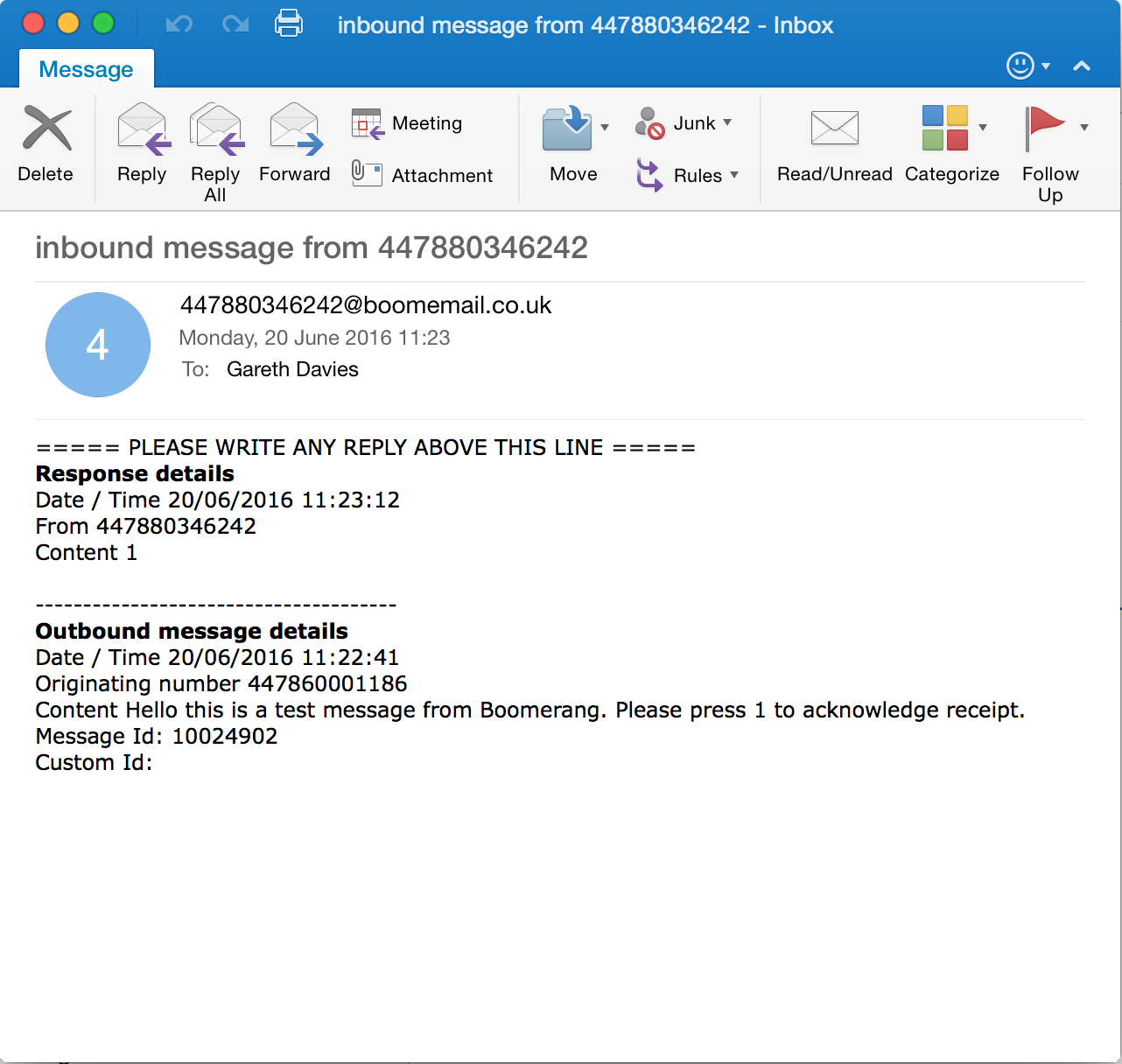 Boommail screenshot Mail to SMS Boomerang messaging